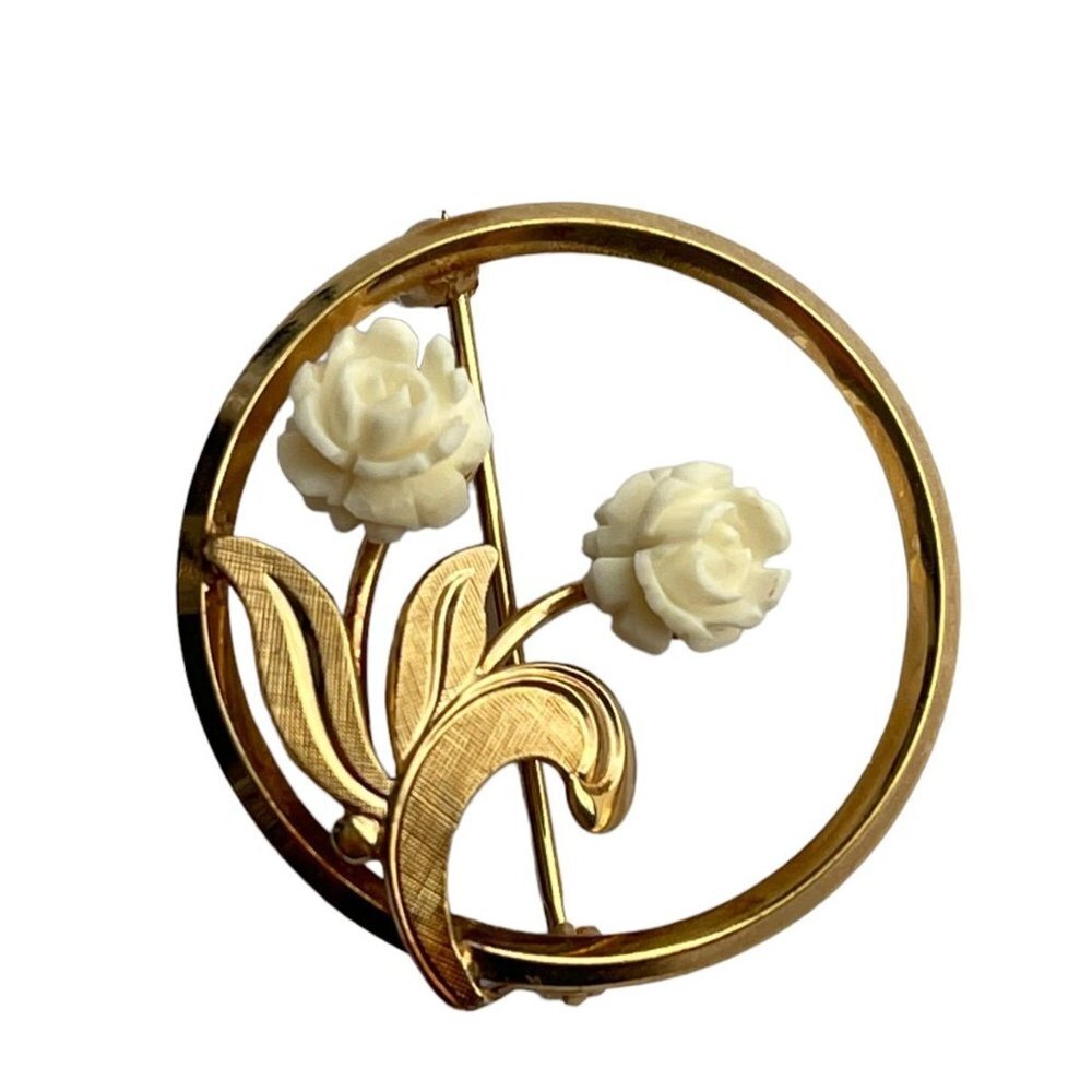 Signed Van Dell 12k Gold Filled Pin Brooch With Carved White Roses Vintage